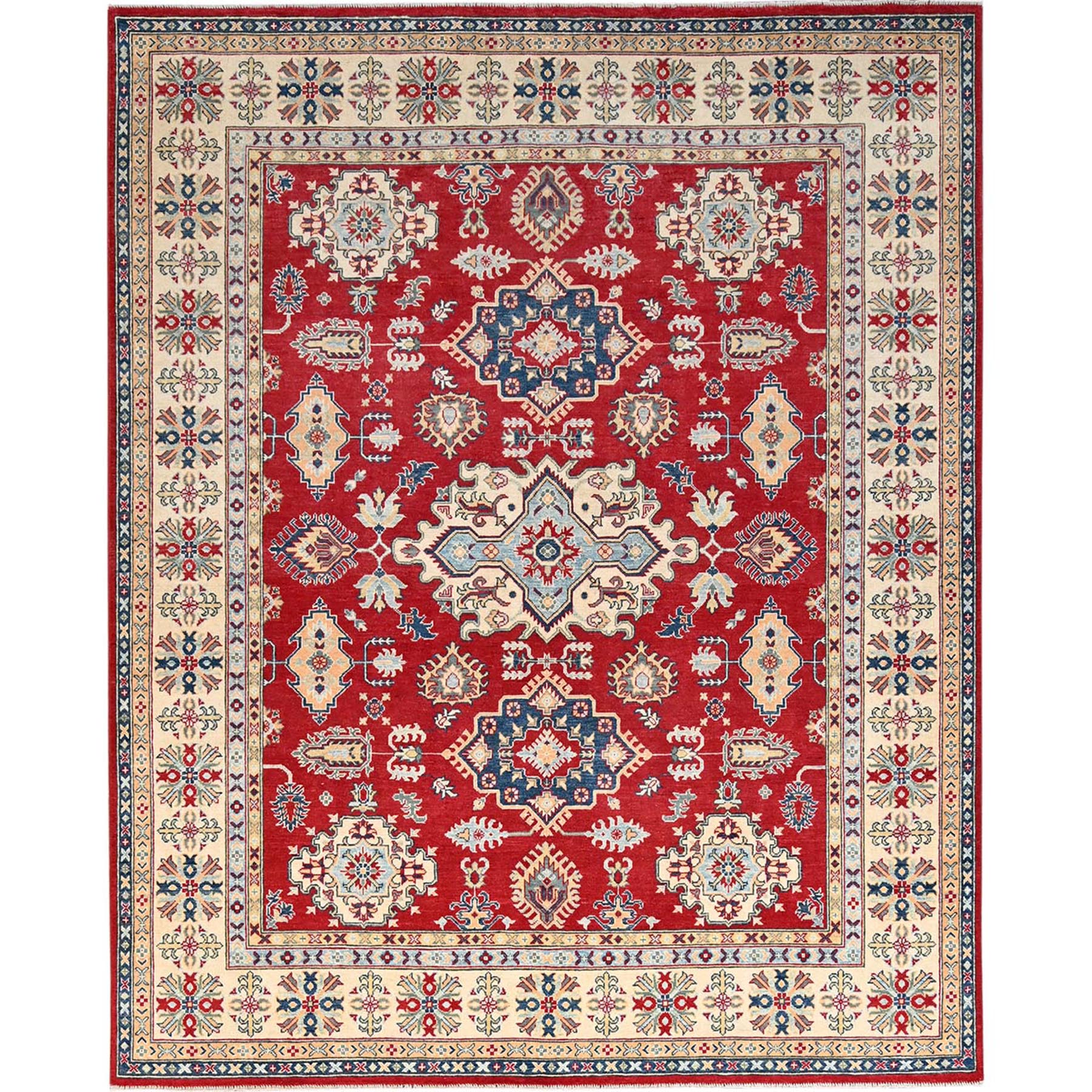Goji Berry Red, Velvety and Soft Wool, Hand Knotted, Kazak Geometric Motifs Natural Dyes, Densely Woven, Oriental Rug